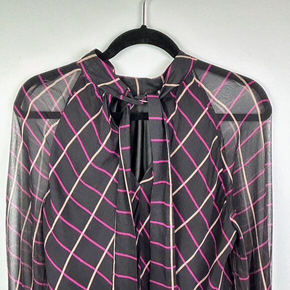 Milly Sioane Windowpane Print Silk Chiffon Top Black Pink Blouse Sheer Sleeves L - Picture 8 of 16